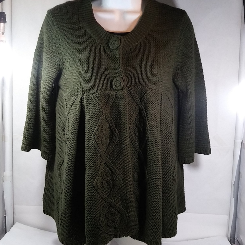 Kikit Knit Wear Green Sweater Large w/ 3/4 Sleeves